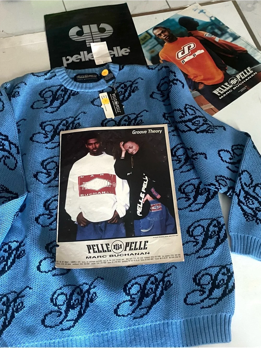 Pelle Pelle Light Blue Crewneck Sweater with Navy Script Logo - Picture 2 of 7